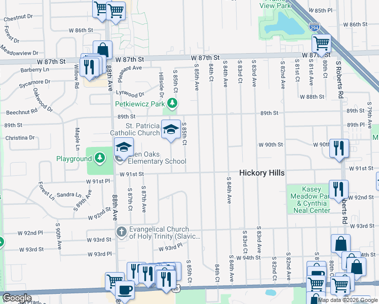 map of restaurants, bars, coffee shops, grocery stores, and more near 9017 South 85th Court in Hickory Hills