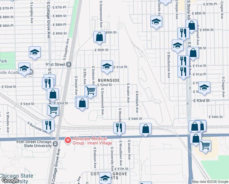 map of restaurants, bars, coffee shops, grocery stores, and more near 9223 South University Avenue in Chicago