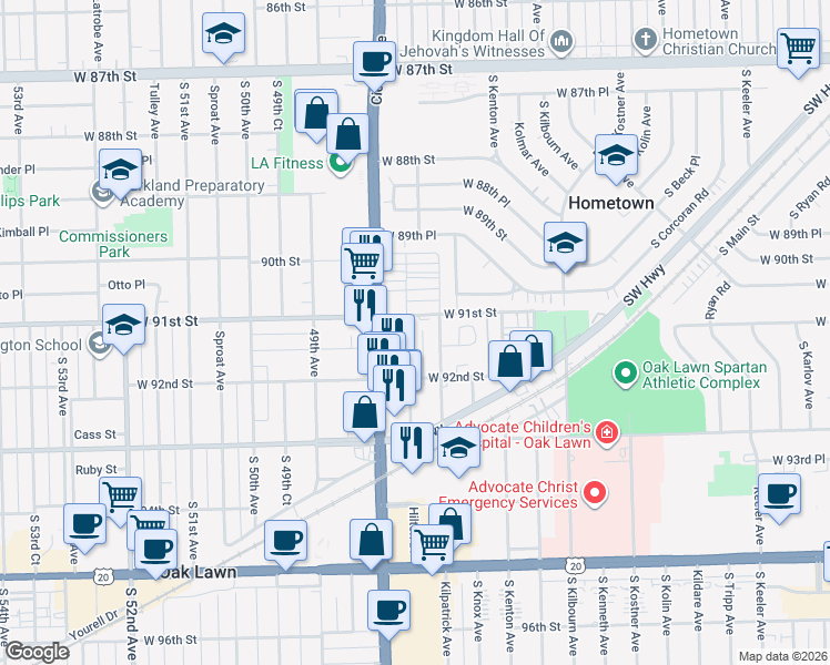 map of restaurants, bars, coffee shops, grocery stores, and more near 9105 South Keating Avenue in Oak Lawn