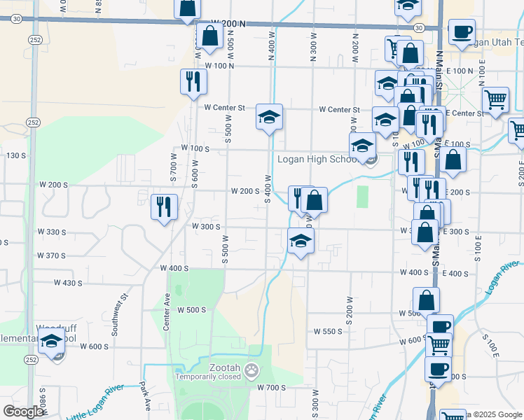 map of restaurants, bars, coffee shops, grocery stores, and more near 231 400 West in Logan