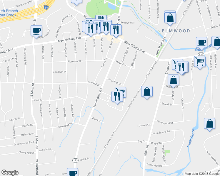 map of restaurants, bars, coffee shops, grocery stores, and more near 160 Newington Road in West Hartford