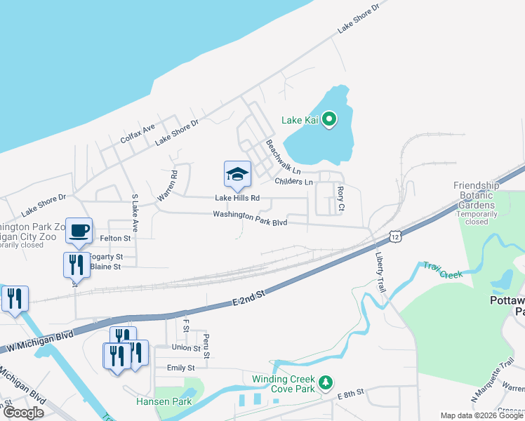 map of restaurants, bars, coffee shops, grocery stores, and more near 225-299 Carter Rd in Michigan City