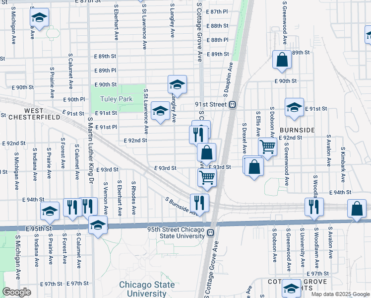 map of restaurants, bars, coffee shops, grocery stores, and more near 720 East 92nd Place in Chicago