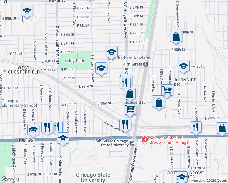 map of restaurants, bars, coffee shops, grocery stores, and more near 720 East 92nd Place in Chicago