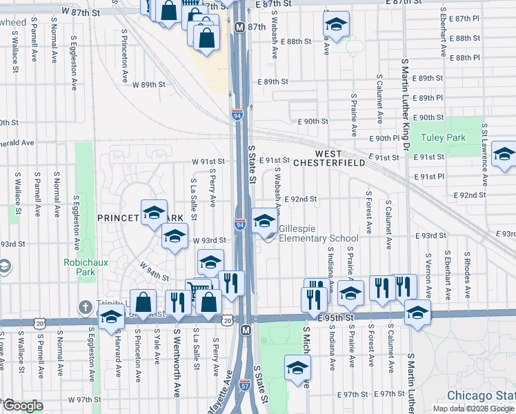 map of restaurants, bars, coffee shops, grocery stores, and more near 9294 South State Street in Chicago