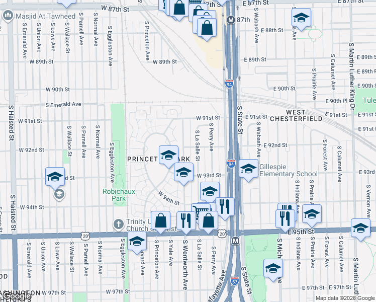 map of restaurants, bars, coffee shops, grocery stores, and more near 9201 South Wentworth Avenue in Chicago