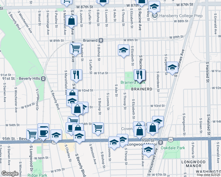 map of restaurants, bars, coffee shops, grocery stores, and more near 9152 South Ada Street in Chicago