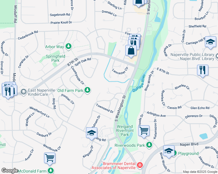 map of restaurants, bars, coffee shops, grocery stores, and more near 95 Midhurst Court in Naperville