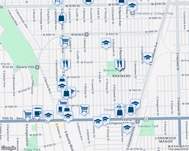 map of restaurants, bars, coffee shops, grocery stores, and more near 9152 South Ada Street in Chicago