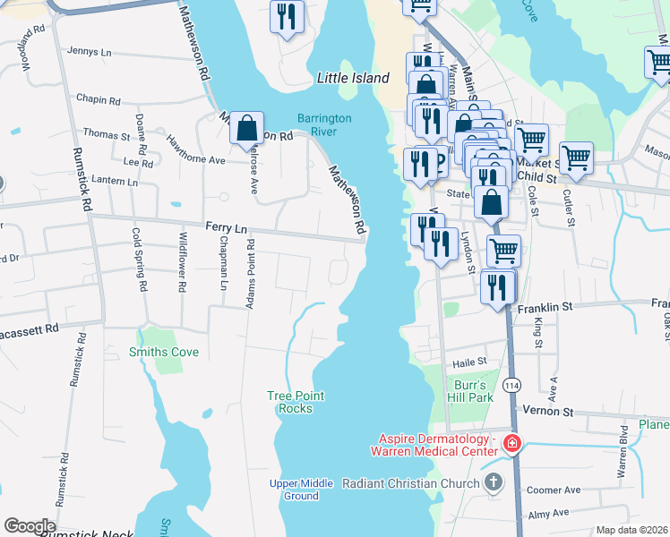 map of restaurants, bars, coffee shops, grocery stores, and more near 5 Blount Circle in Barrington