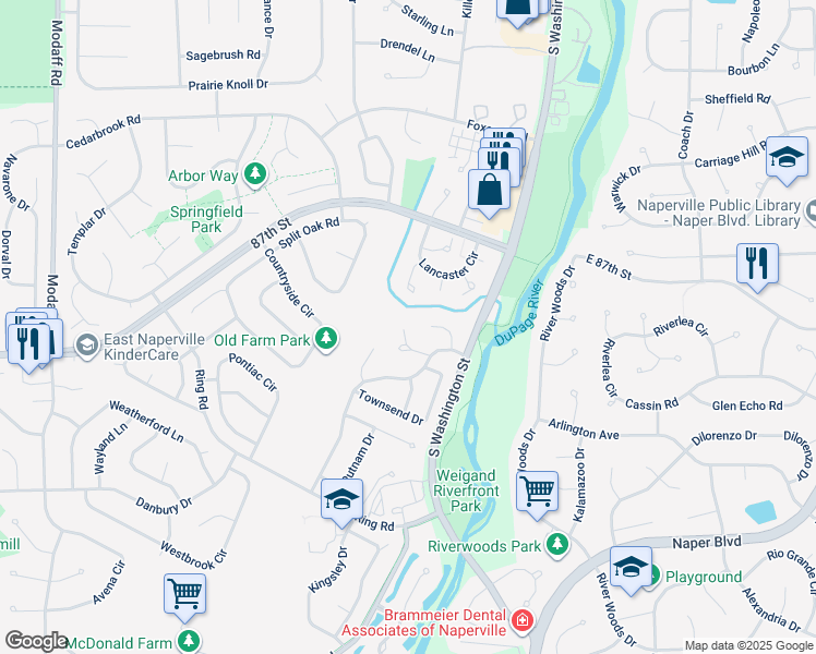 map of restaurants, bars, coffee shops, grocery stores, and more near 95 Midhurst Court in Naperville