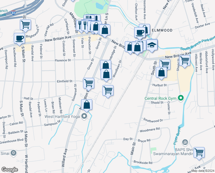 map of restaurants, bars, coffee shops, grocery stores, and more near 51 Prescott Street in West Hartford