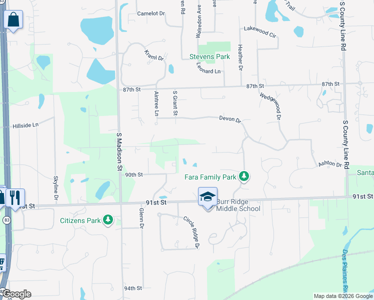 map of restaurants, bars, coffee shops, grocery stores, and more near 15W599 89th Street in Burr Ridge