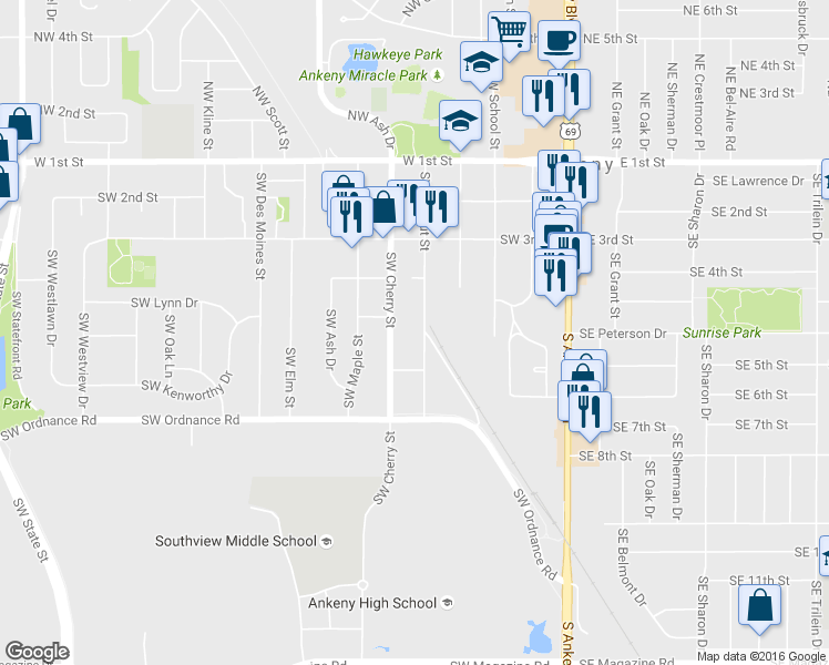 map of restaurants, bars, coffee shops, grocery stores, and more near 510 SW Walnut St in Ankeny