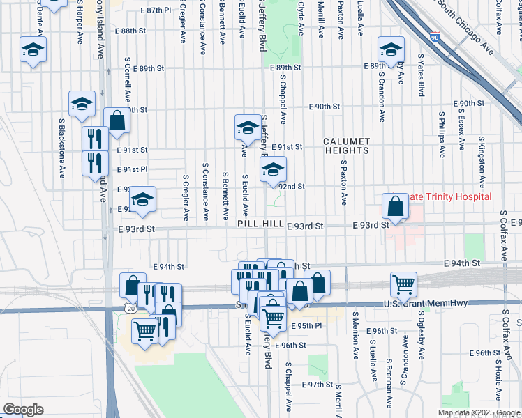 map of restaurants, bars, coffee shops, grocery stores, and more near 9230 South Jeffery Boulevard in Chicago