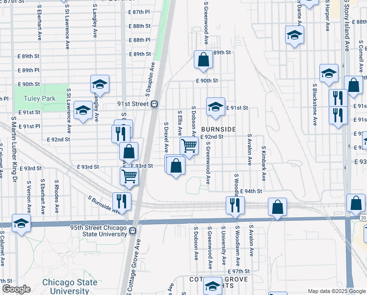 map of restaurants, bars, coffee shops, grocery stores, and more near 9223 South Ellis Avenue in Chicago