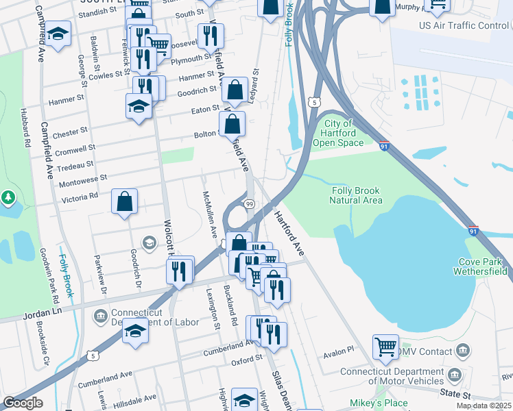 map of restaurants, bars, coffee shops, grocery stores, and more near 48 Silas Deane Highway in Wethersfield