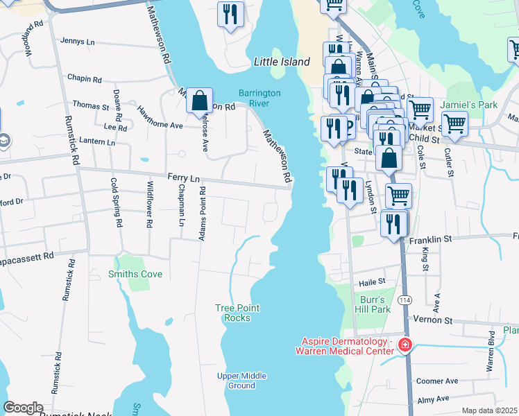map of restaurants, bars, coffee shops, grocery stores, and more near 5 Blount Circle in Barrington