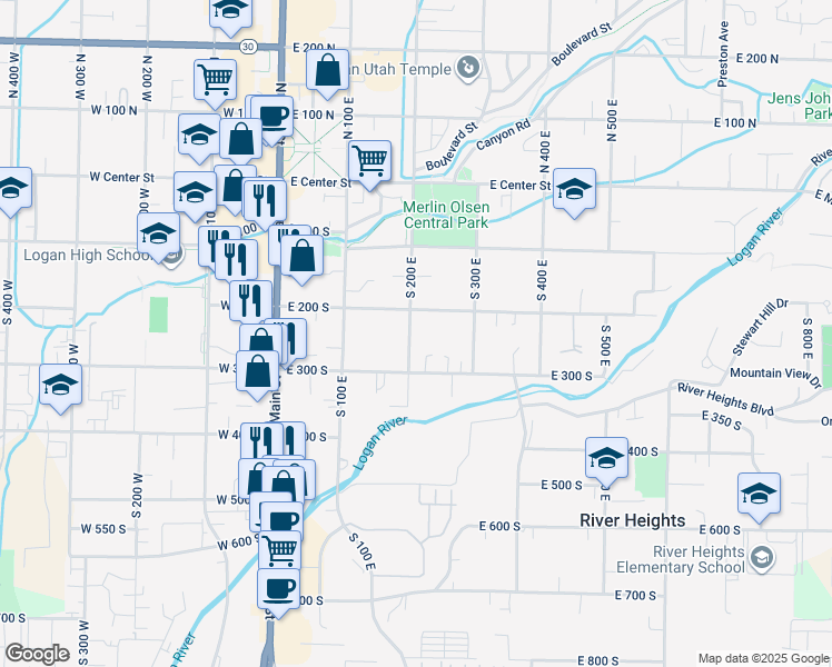 map of restaurants, bars, coffee shops, grocery stores, and more near 238 South 200 East in Logan