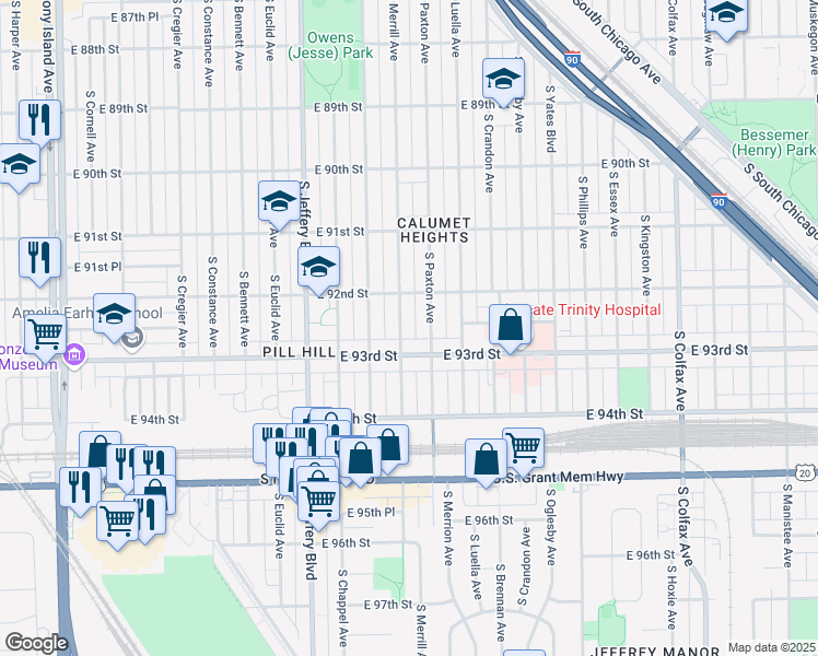 map of restaurants, bars, coffee shops, grocery stores, and more near 9235 South Merrill Avenue in Chicago
