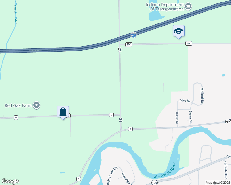 map of restaurants, bars, coffee shops, grocery stores, and more near 52825 County Road 21 in Bristol