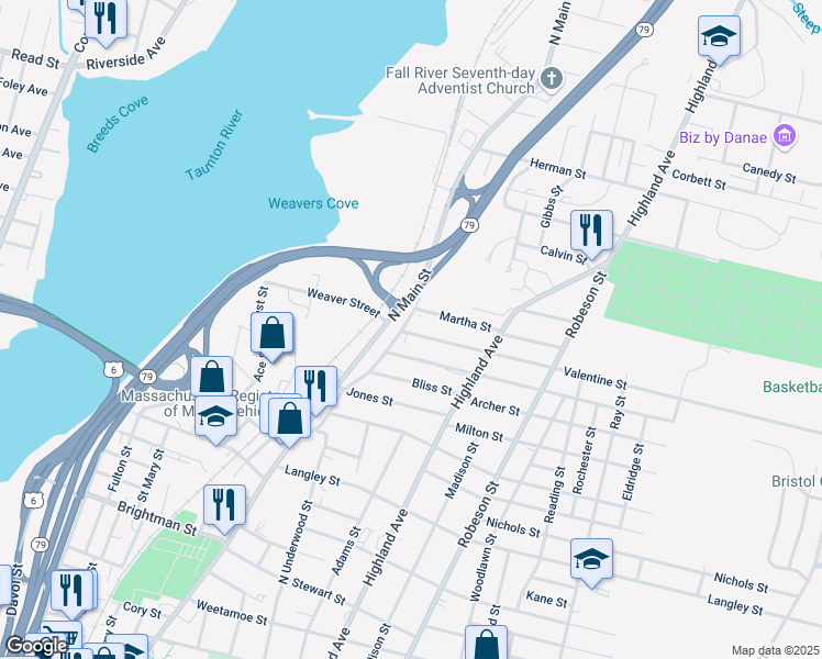 map of restaurants, bars, coffee shops, grocery stores, and more near 8 Valentine Street in Fall River