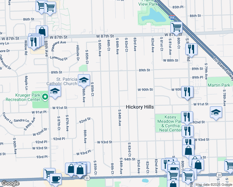 map of restaurants, bars, coffee shops, grocery stores, and more near 9020 South 84th Avenue in Oak Lawn