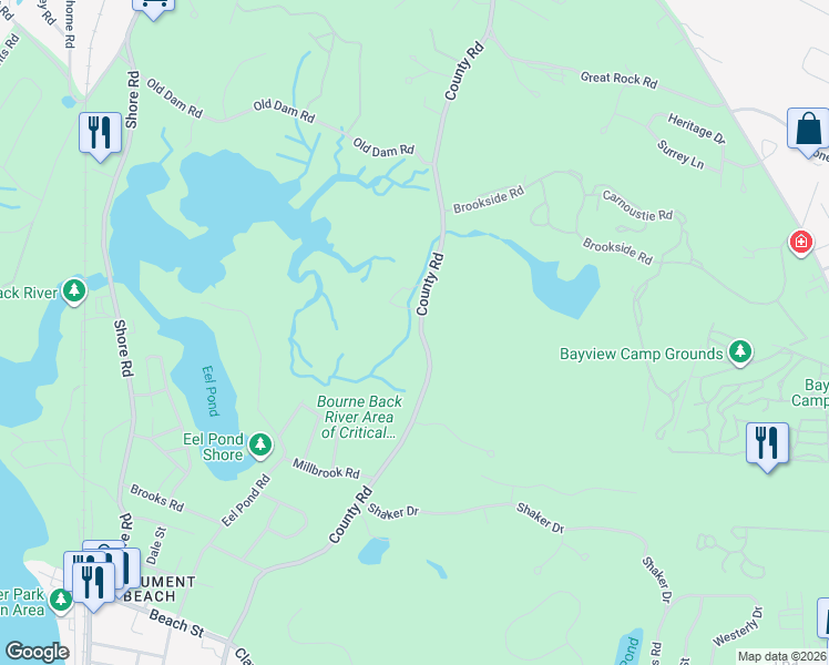 map of restaurants, bars, coffee shops, grocery stores, and more near 208 County Road in Bourne