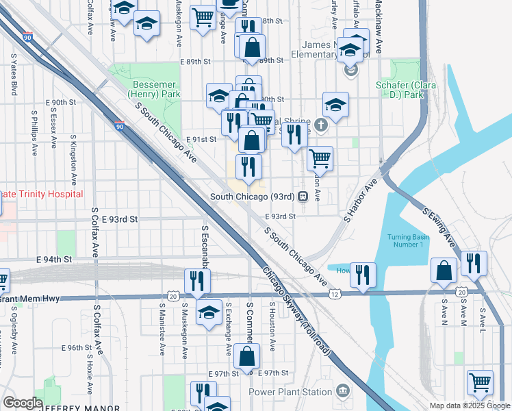 map of restaurants, bars, coffee shops, grocery stores, and more near 9241 South Commercial Avenue in Chicago