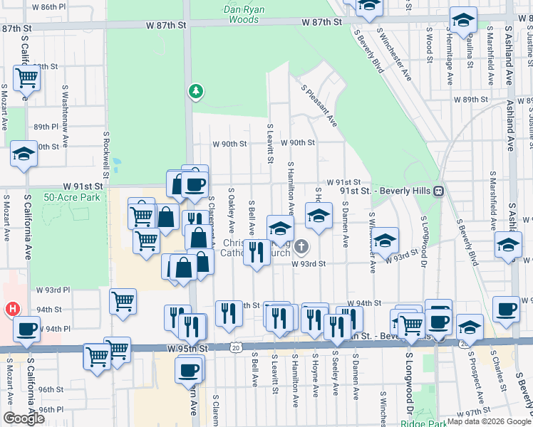 map of restaurants, bars, coffee shops, grocery stores, and more near 9142 South Leavitt Street in Chicago