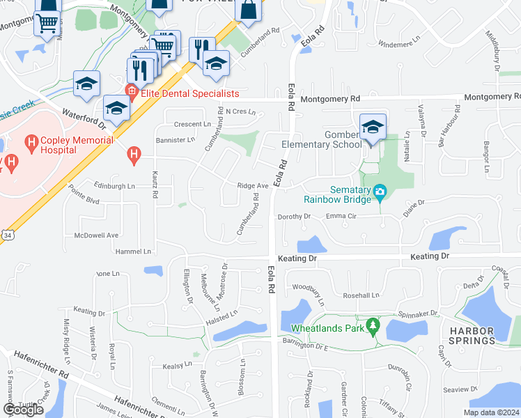 map of restaurants, bars, coffee shops, grocery stores, and more near 1739 Cumberland Road in Aurora