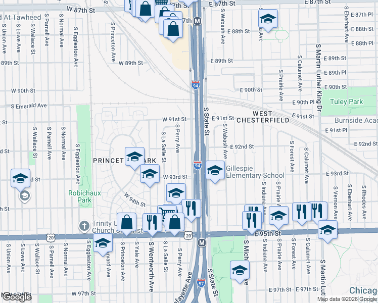 map of restaurants, bars, coffee shops, grocery stores, and more near 9202 South Lafayette Avenue in Chicago