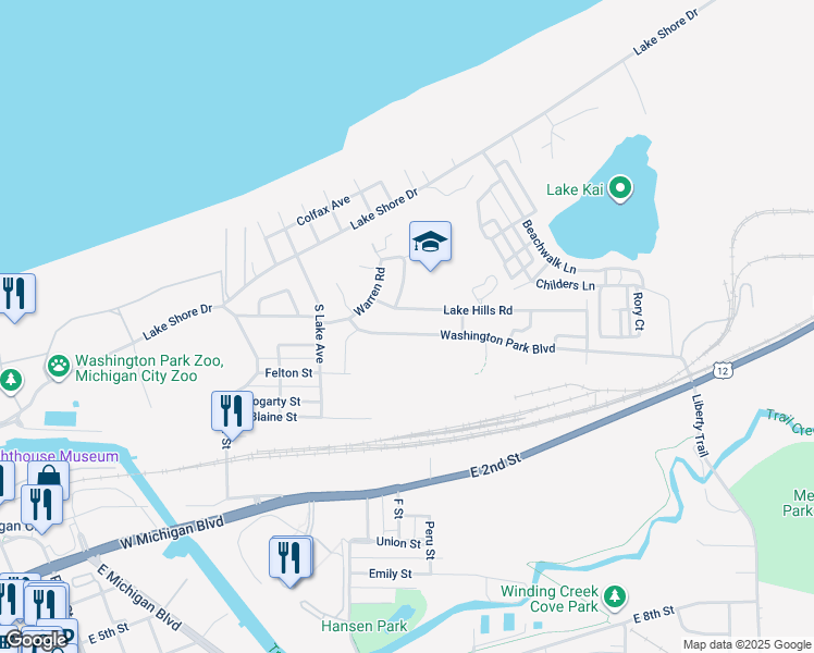 map of restaurants, bars, coffee shops, grocery stores, and more near 432 Washington Park Boulevard in Michigan City