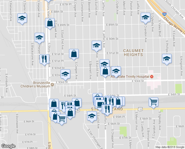 map of restaurants, bars, coffee shops, grocery stores, and more near 9229 South Bennett Avenue in Chicago