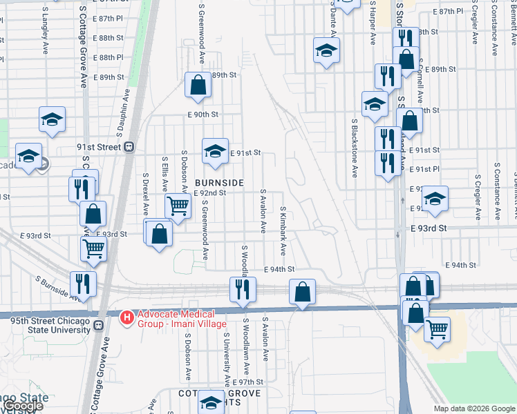 map of restaurants, bars, coffee shops, grocery stores, and more near 9220 South Avalon Avenue in Chicago