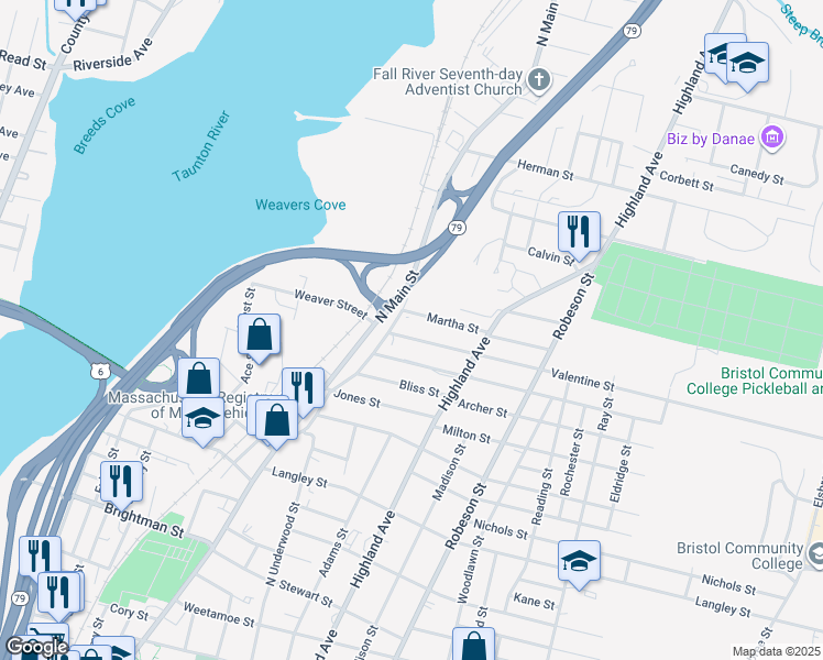 map of restaurants, bars, coffee shops, grocery stores, and more near 8 Valentine Street in Fall River