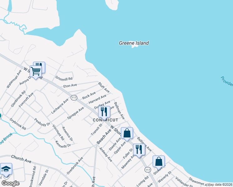 map of restaurants, bars, coffee shops, grocery stores, and more near 86 Bluff Avenue in Warwick
