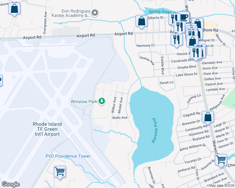 map of restaurants, bars, coffee shops, grocery stores, and more near 47 Wilbur Avenue in Warwick