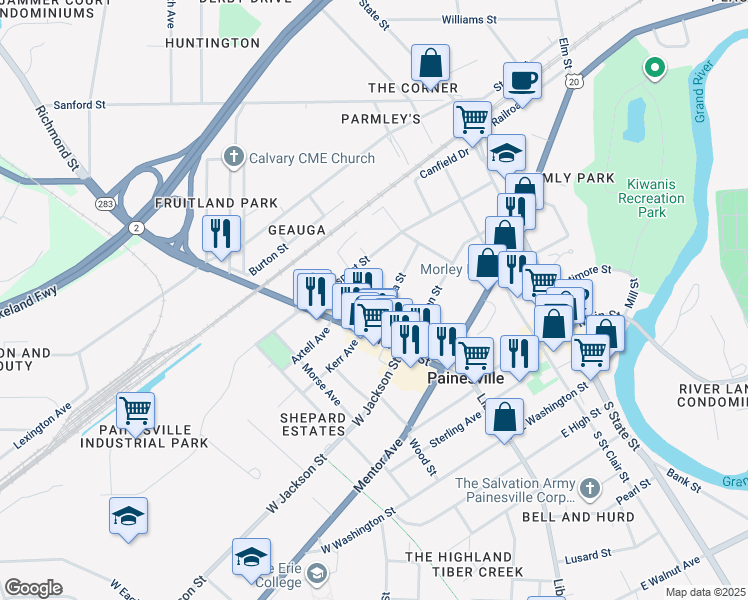 map of restaurants, bars, coffee shops, grocery stores, and more near 70 Nebraska Street in Painesville