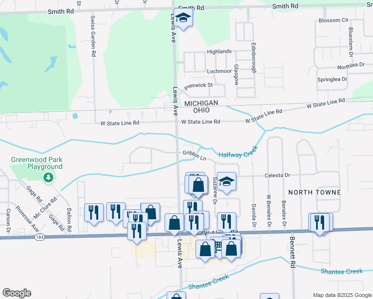 map of restaurants, bars, coffee shops, grocery stores, and more near 953 Gribbin Lane in Toledo