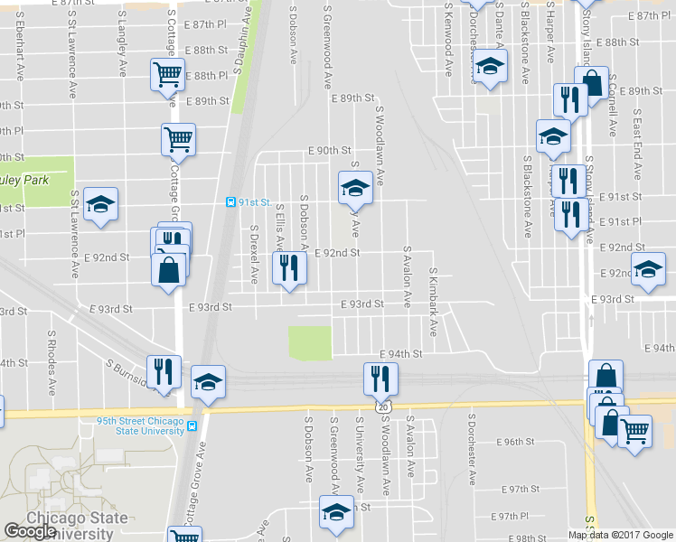 map of restaurants, bars, coffee shops, grocery stores, and more near 9219 South Greenwood Avenue in Chicago