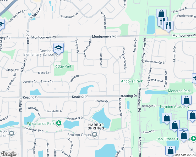 map of restaurants, bars, coffee shops, grocery stores, and more near 2980 Dorothy Drive in Aurora