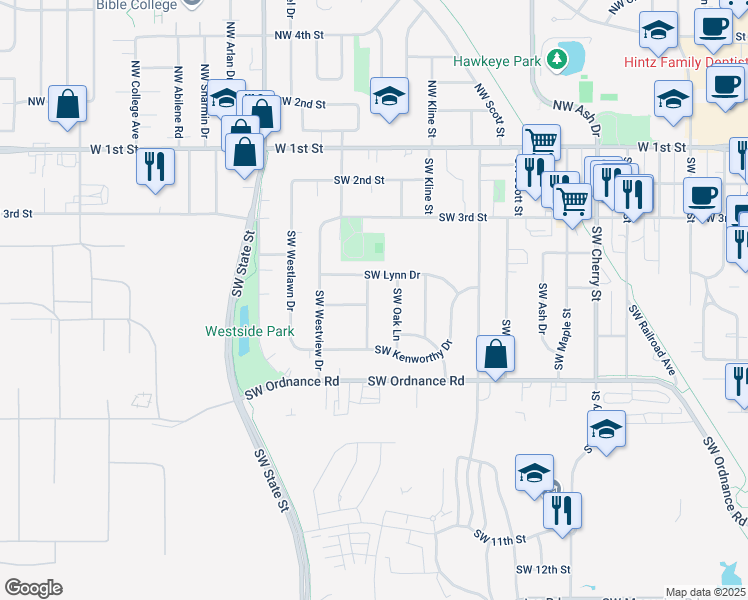 map of restaurants, bars, coffee shops, grocery stores, and more near 429 Southwest Franklin Drive in Ankeny