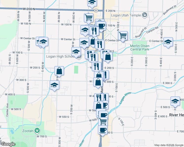 map of restaurants, bars, coffee shops, grocery stores, and more near 242 South 100 West in Logan