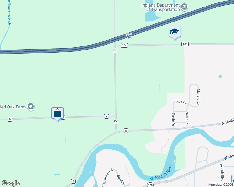 map of restaurants, bars, coffee shops, grocery stores, and more near 52825 County Road 21 in Bristol
