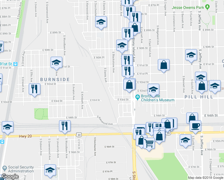 map of restaurants, bars, coffee shops, grocery stores, and more near 9224 South Blackstone Avenue in Chicago