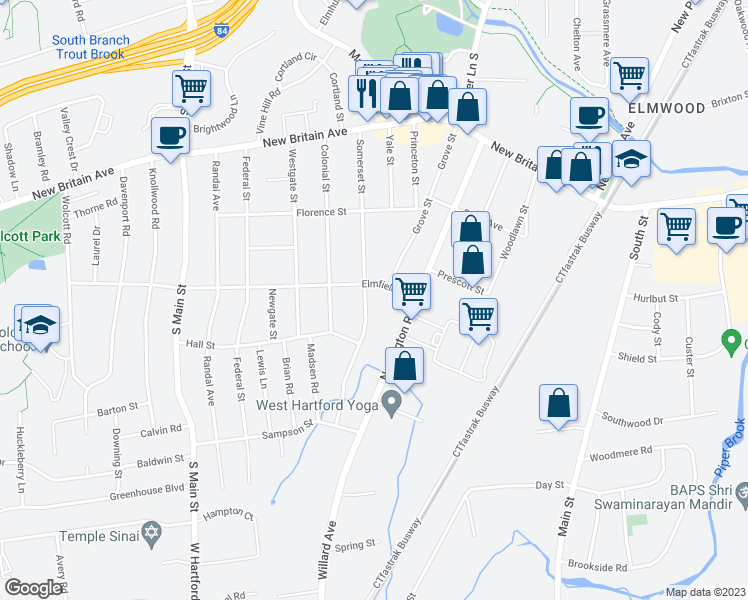 map of restaurants, bars, coffee shops, grocery stores, and more near 160 Somerset Street in West Hartford
