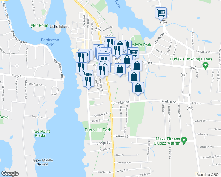 map of restaurants, bars, coffee shops, grocery stores, and more near 600 Main Street in Warren