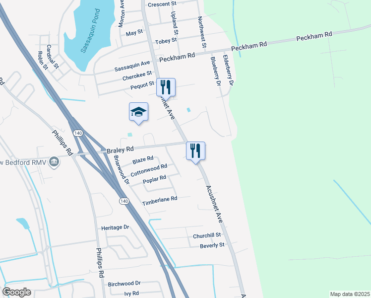 map of restaurants, bars, coffee shops, grocery stores, and more near 4011 Acushnet Avenue in New Bedford