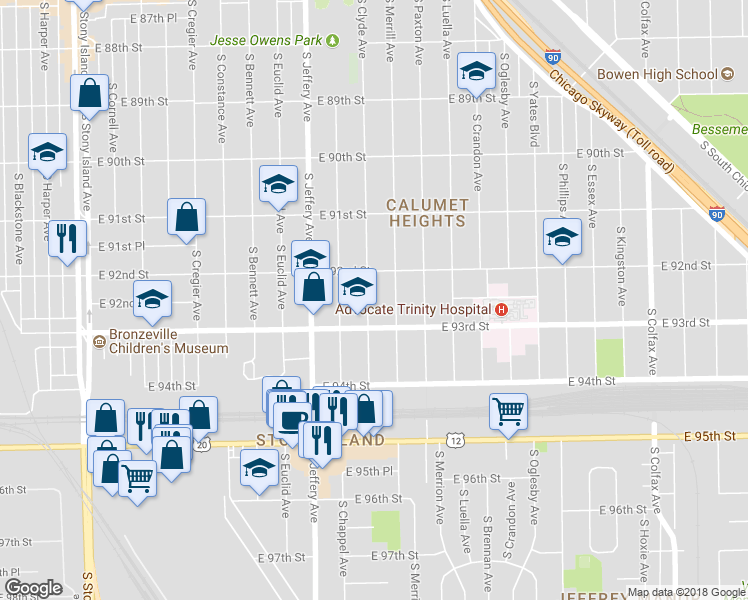 map of restaurants, bars, coffee shops, grocery stores, and more near 9231 South Clyde Avenue in Chicago